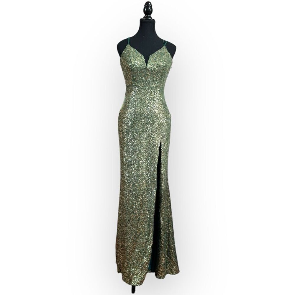 NWOT City Triangles Womens Sequin Maxi Dress Green Gold Sparkle Size XS